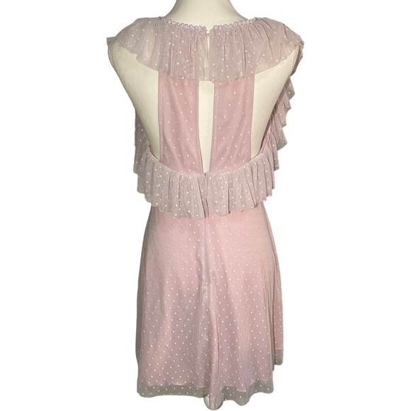 Gianni Bini Women's‎ Medium Lilac Swiss Dot Mesh Ruffle Open Back Mini Dress - Picture 4 of 10